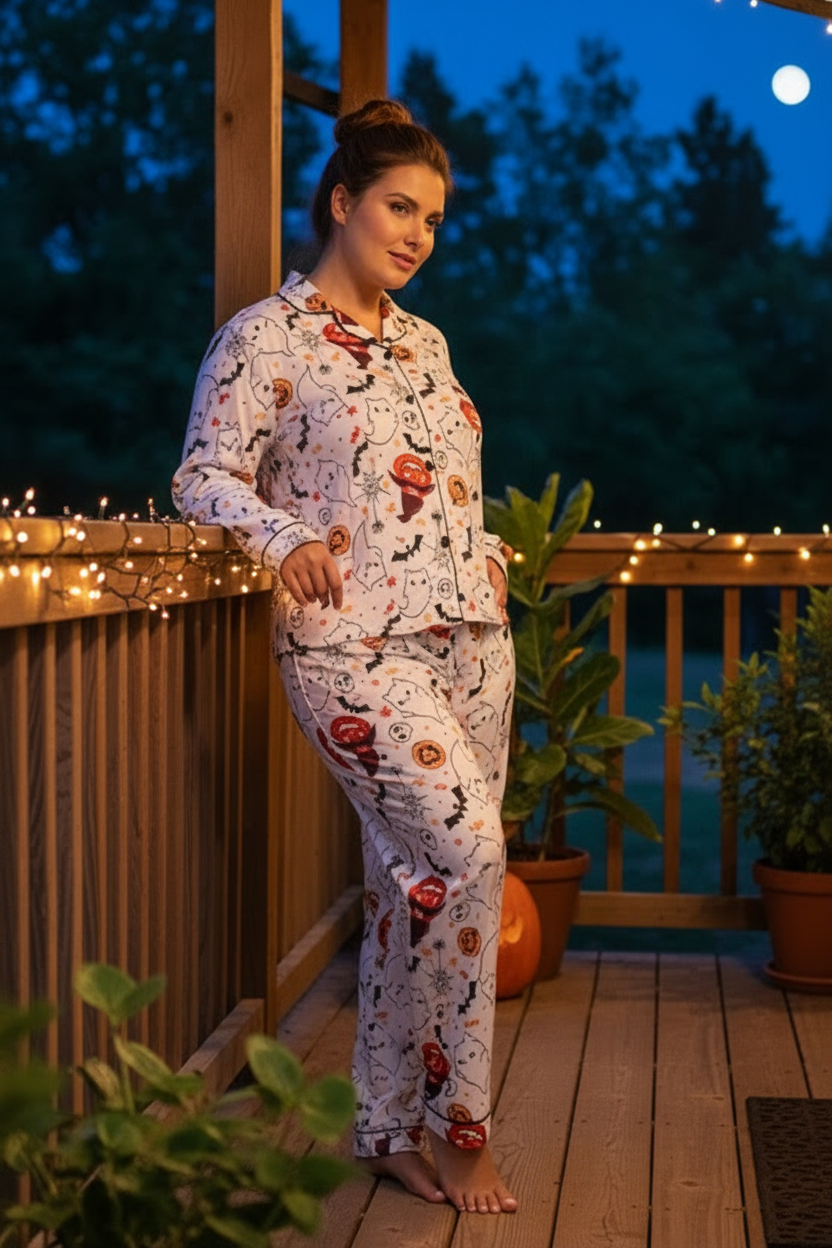 Ghost Pumpkin Sleep Set Button-Up Long Sleeve Halloween Pajama Pants Loungewear Plus Size
