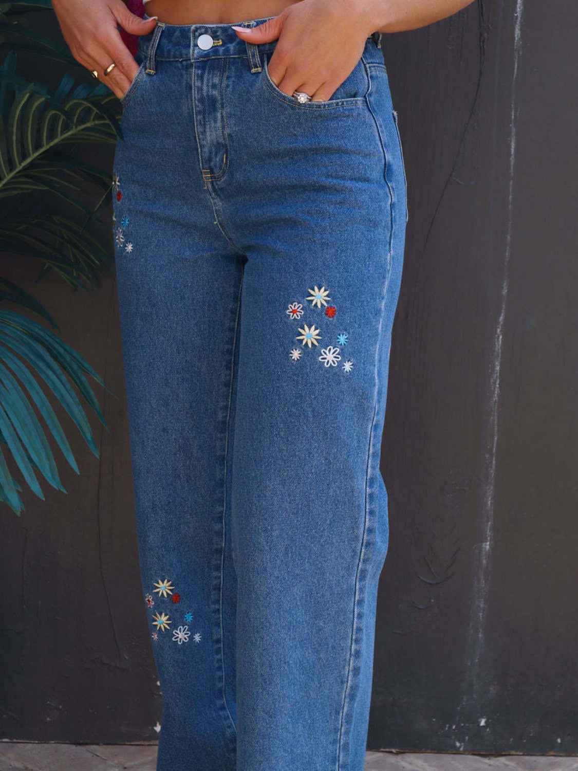 Embroidered Flower Straight Leg Retro High-Rise Waist Hippie Cotton Denim Jean Pants