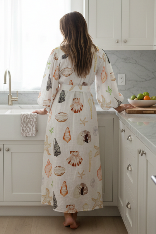 Ocean Seashell Collared Button Up Long Balloon Sleeve Belted Maxi Shirt Dress