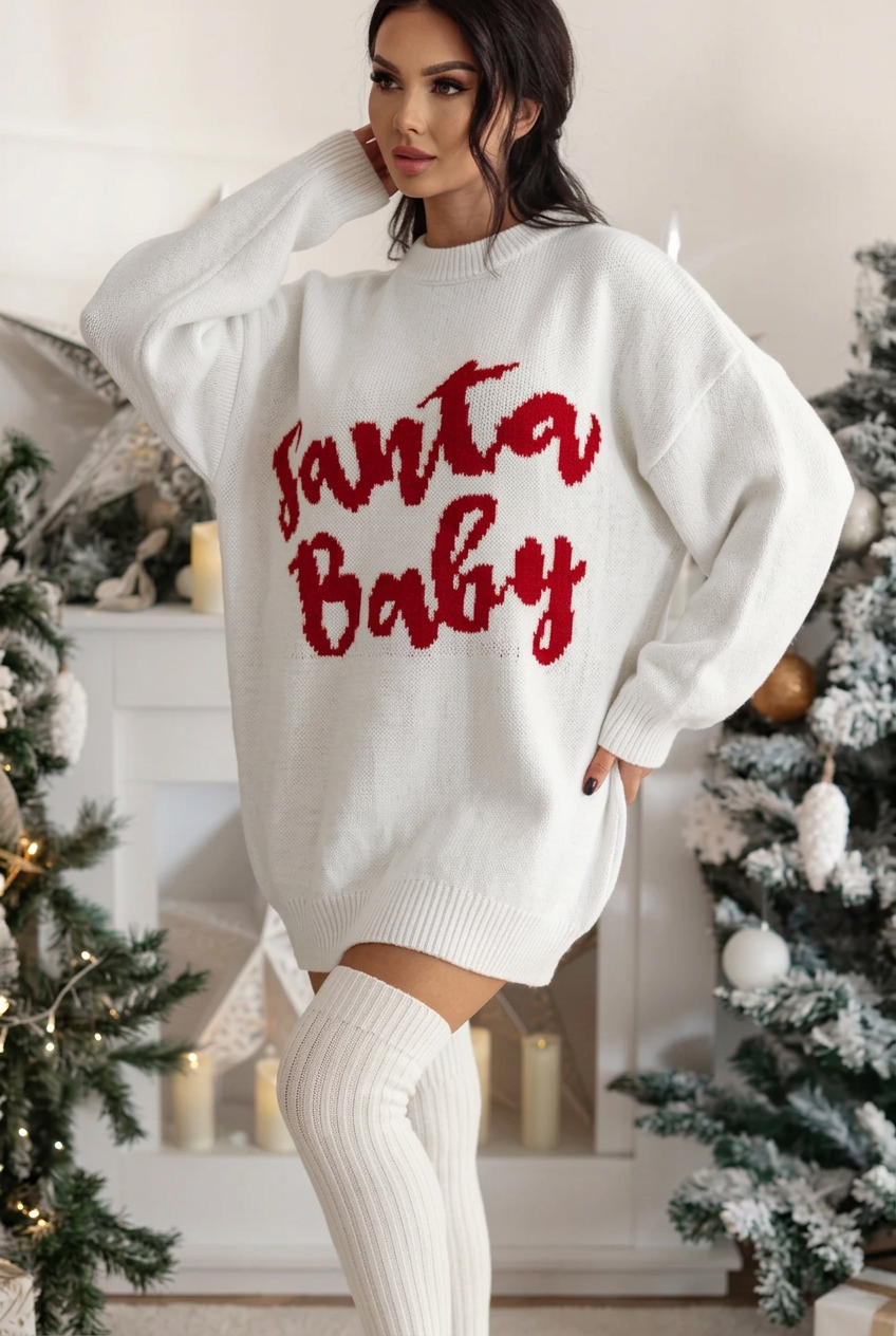 Santa Baby Christmas Mini Sweater Dress Oversized Baggy Long Sleeve Graphic Knit