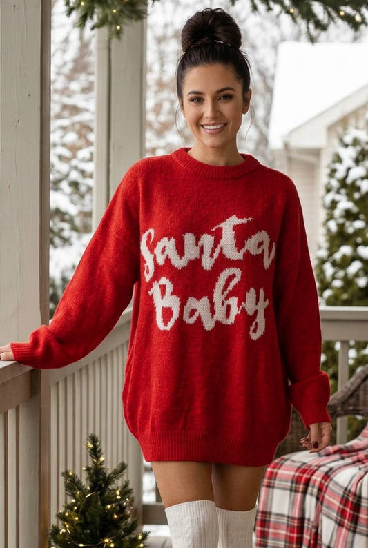 Santa Baby Christmas Mini Sweater Dress Oversized Baggy Long Sleeve Graphic Knit