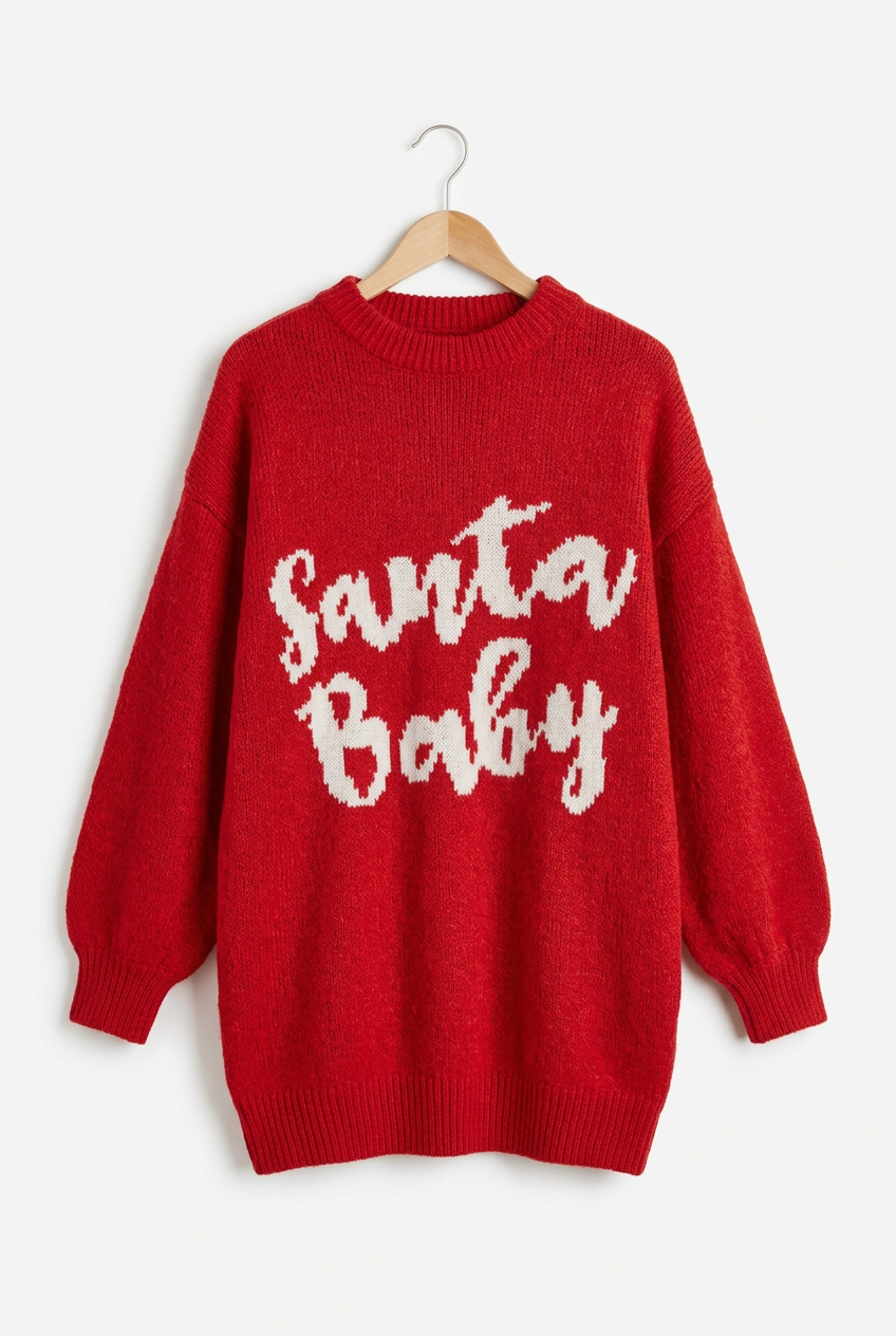 Santa Baby Christmas Mini Sweater Dress Oversized Baggy Long Sleeve Graphic Knit