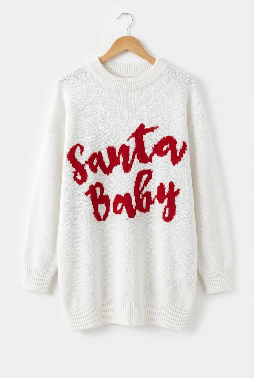 Santa Baby Christmas Mini Sweater Dress Oversized Baggy Long Sleeve Graphic Knit