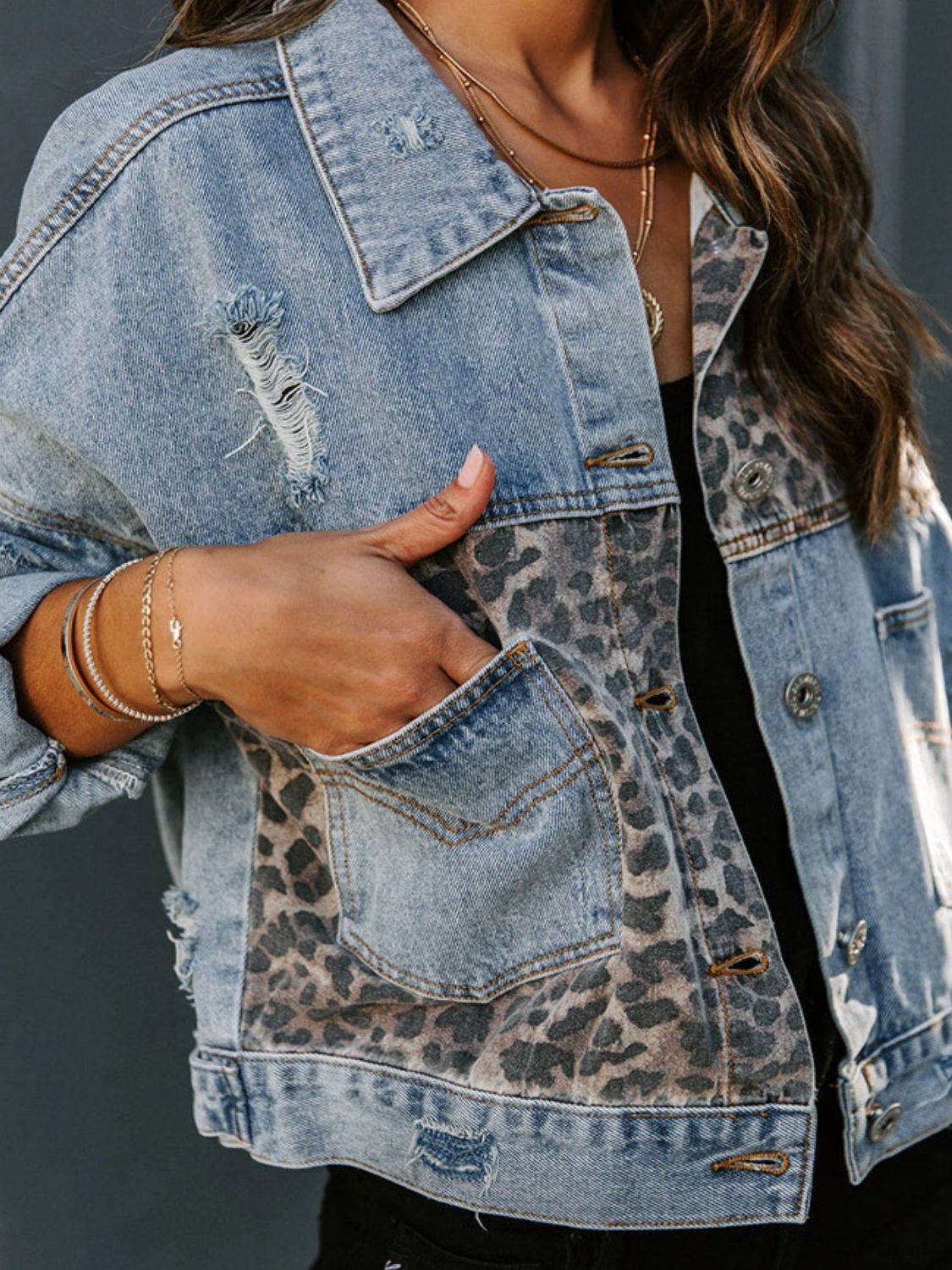 Retro Denim Leopard Patchwork Long Sleeve Distressed Blue Jean Button Jacket