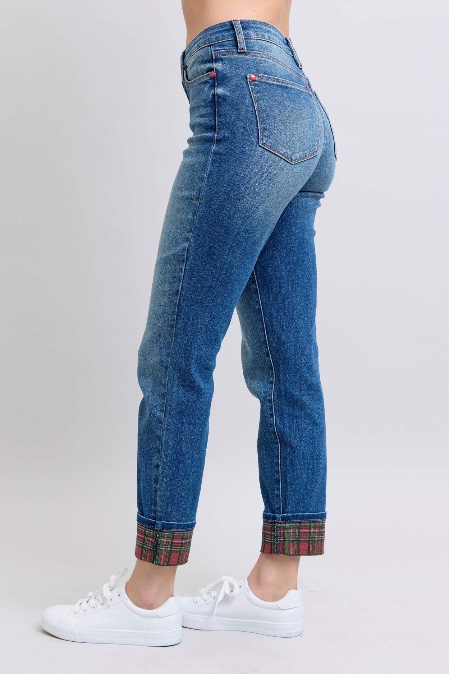 Judy Blue Red Plaid Cuffed High-Rise Straight Leg Cropped Jeans Limited Denim Pants