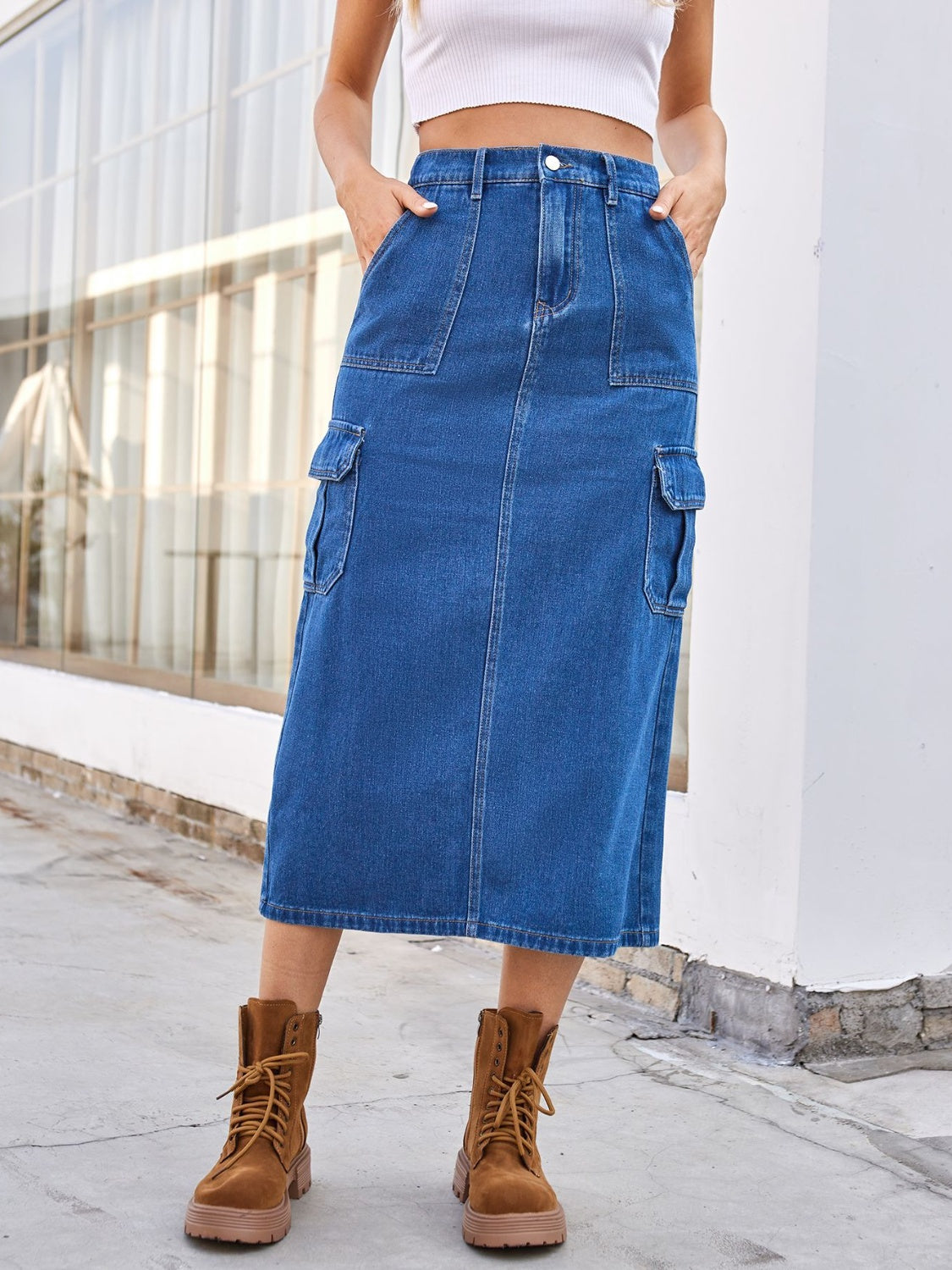 High-Rise Midi Retro Cargo Side Pocket Elastic Waist Denim Blue Jean Back Slit Skirt