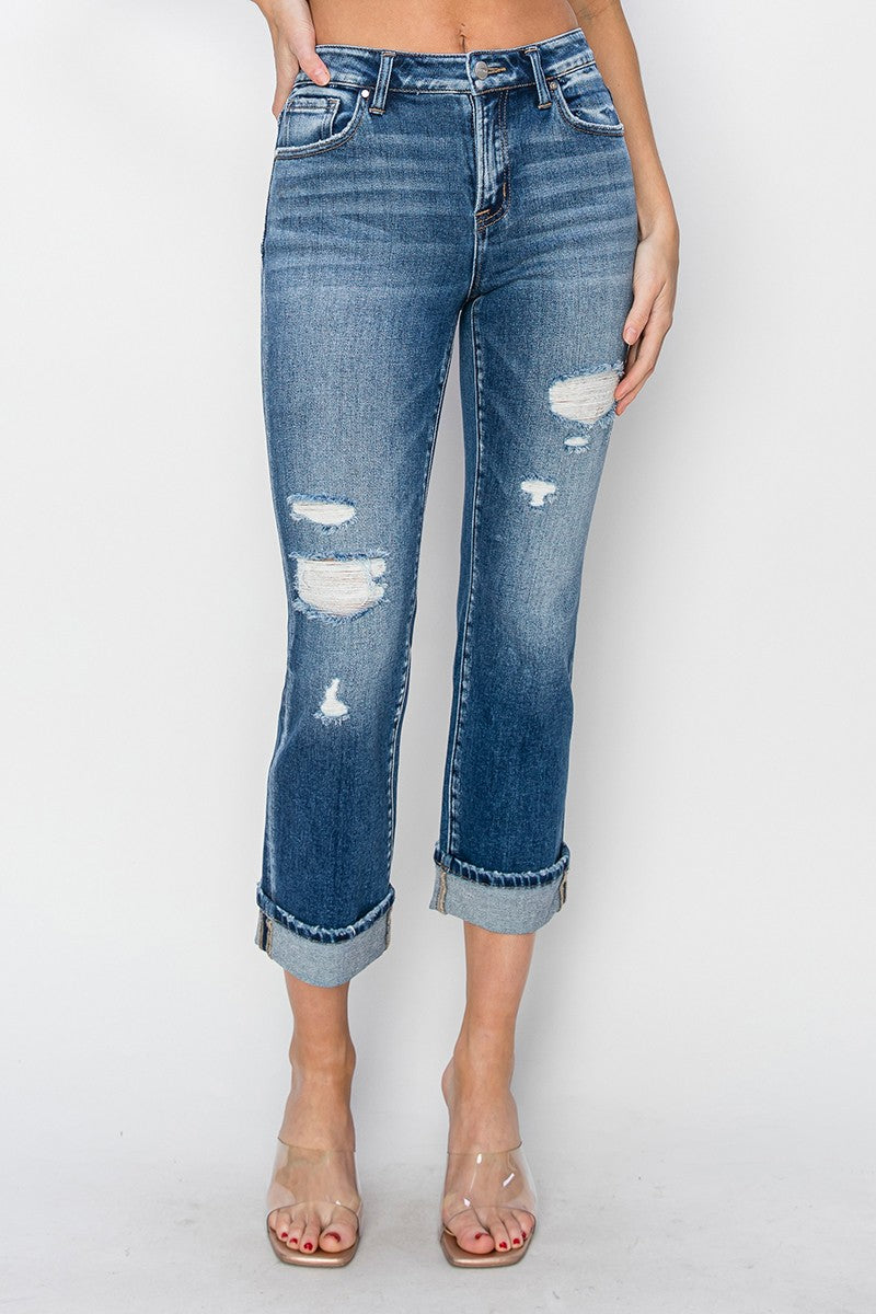 RISEN High-Rise Straight Leg Cuffed Cropped Hem Jeans Distressed Torn Denim Pants