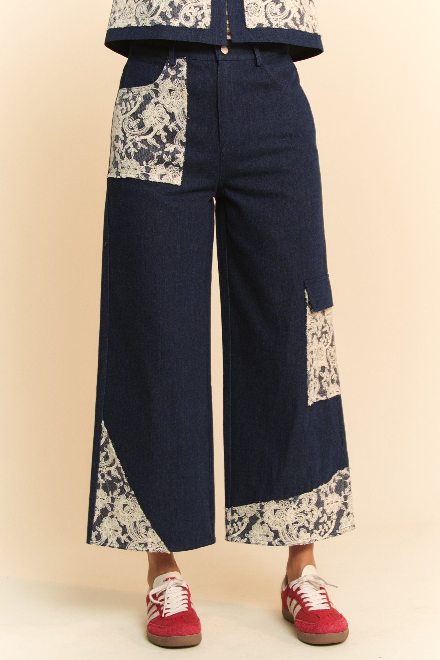 DAVI & DANI Jeans Lace Cargo Patchwork High-Rise Relaxed Wide Leg Denim Pants