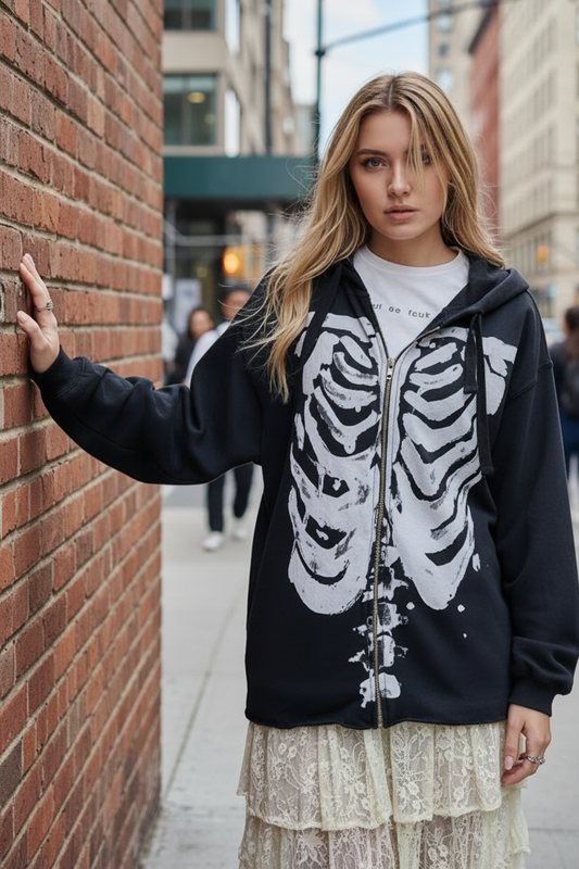 Oversized Skeleton Bones Graphic Boyfriend Zip-Up Drawstring Hoodie Jacket