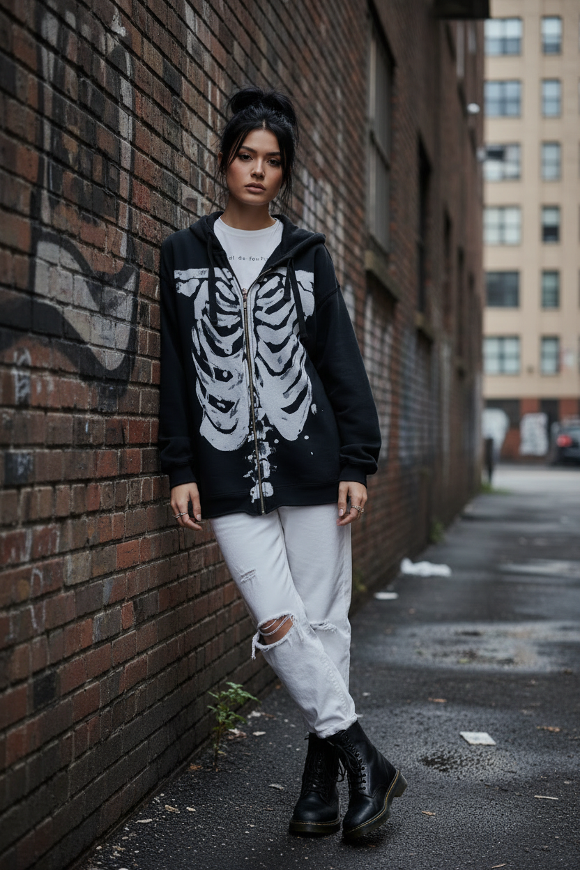 Oversized Skeleton Bones Graphic Boyfriend Zip-Up Drawstring Hoodie Jacket