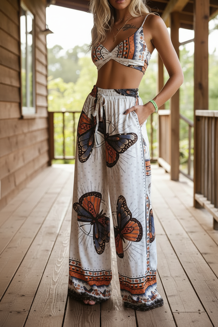 Matching Boho Butterfly Smocked Back Crop Top High-Rise Elastic Waist Wide Leg Pants Set
