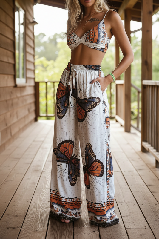Matching Boho Butterfly Smocked Back Crop Top High-Rise Elastic Waist Wide Leg Pants Set