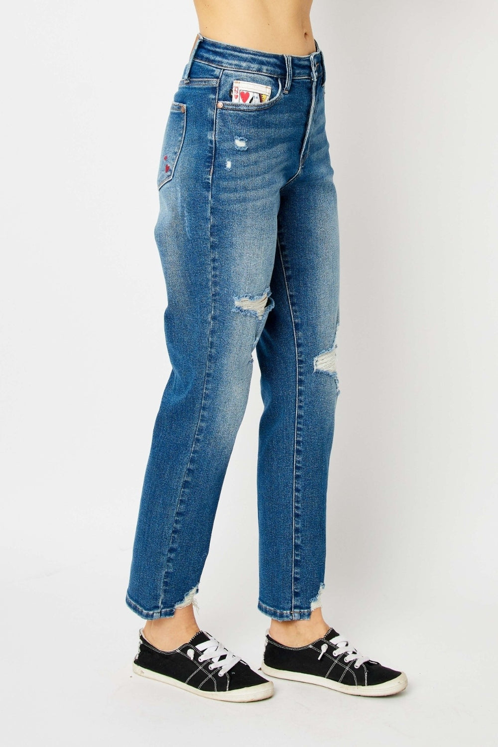 Judy Blue Queen Of Hearts Mid-Rise Distressed Torn Denim Slim Mom Jean Pants