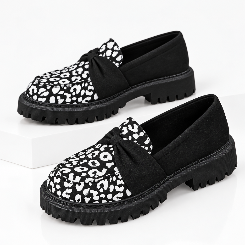 Leopard Bow Knot Top Round Toe Chunky Lug Loafers Retro Statement Slip-On Shoes