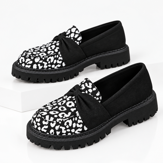 Leopard Bow Knot Top Round Toe Chunky Lug Loafers Retro Statement Slip-On Shoes