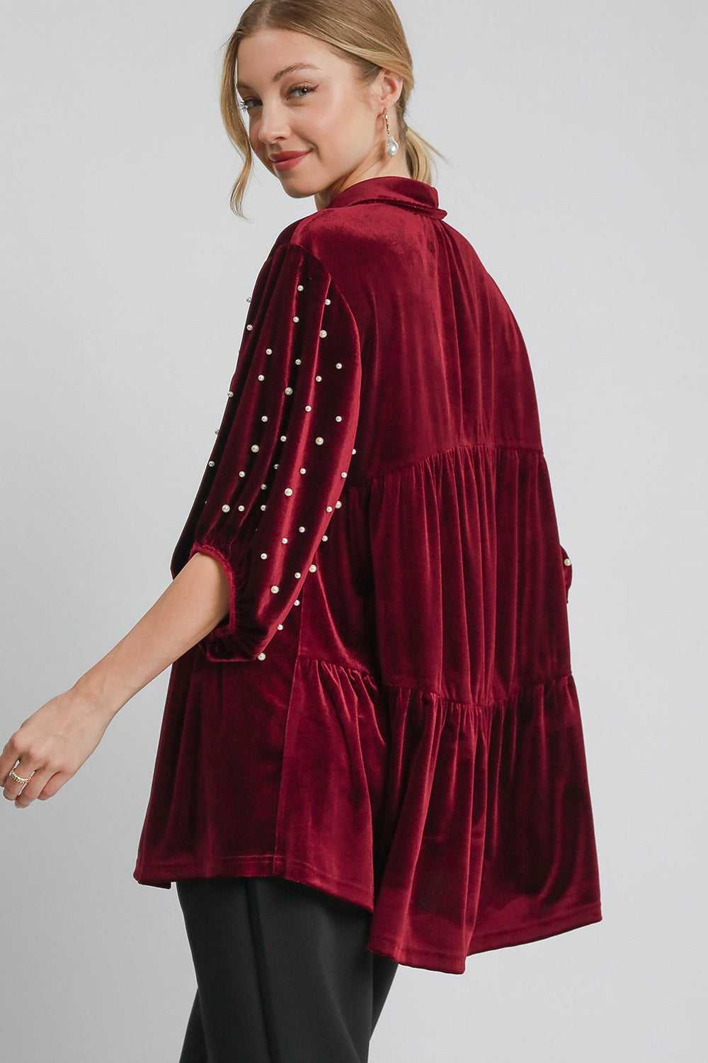 Umgee Pearl Velour Boho Oversized Tunic Top Babydoll Button Shirt Velvet Blouse