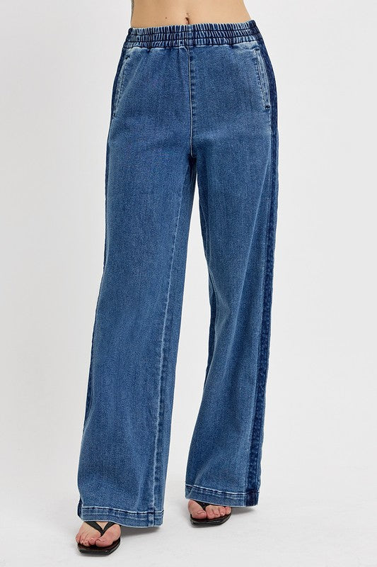 RISEN Retro Elastic Waist High-Rise Mom Jeans Relaxed Wide Leg Denim Pants