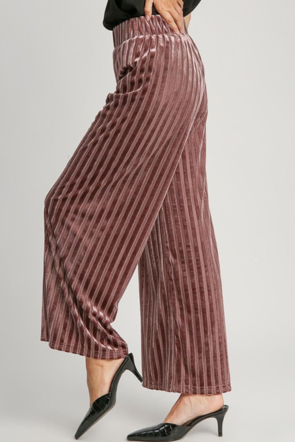 Umgee Velvet High-Rise Retro Pants Wide Leg Boho 70s Metallic Stripe Elastic Waist