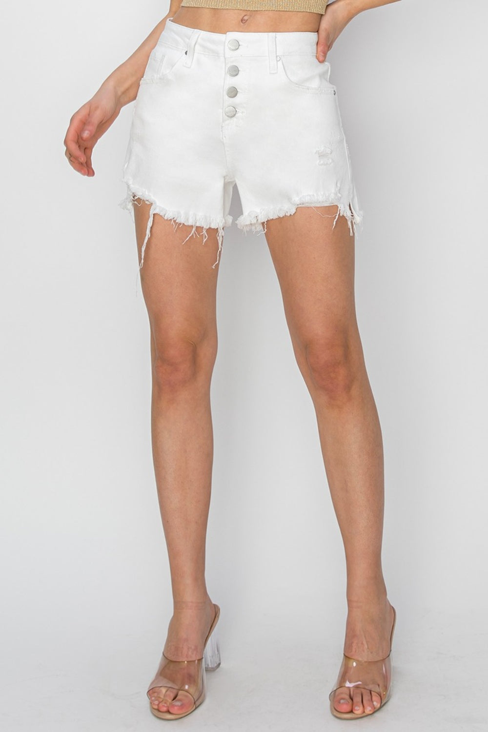 RISEN Button Fly Distressed White Denim Mid-Rise Shorts Frayed Cut-Off Jean