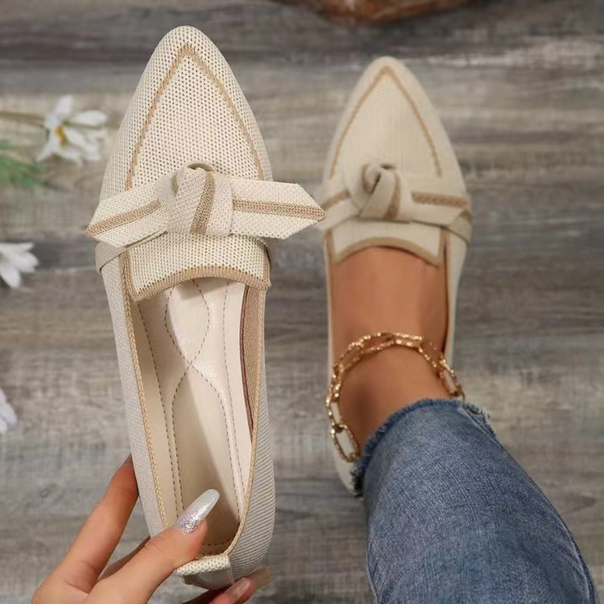 Pointed Bow Top Knit Contrasting Stripe Ballet Flat Casual Loafer Slip-on Shoes