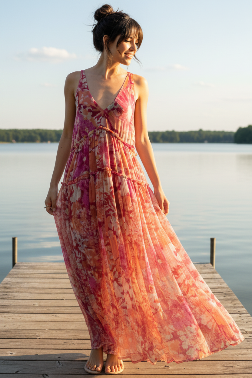 Abstract Floral Tiered Plunging V-Neck Sleeveless Oversized Flowy Midi Dress