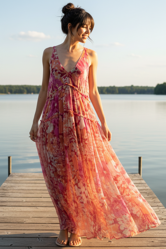 Abstract Floral Tiered Plunging V-Neck Sleeveless Oversized Flowy Midi Dress