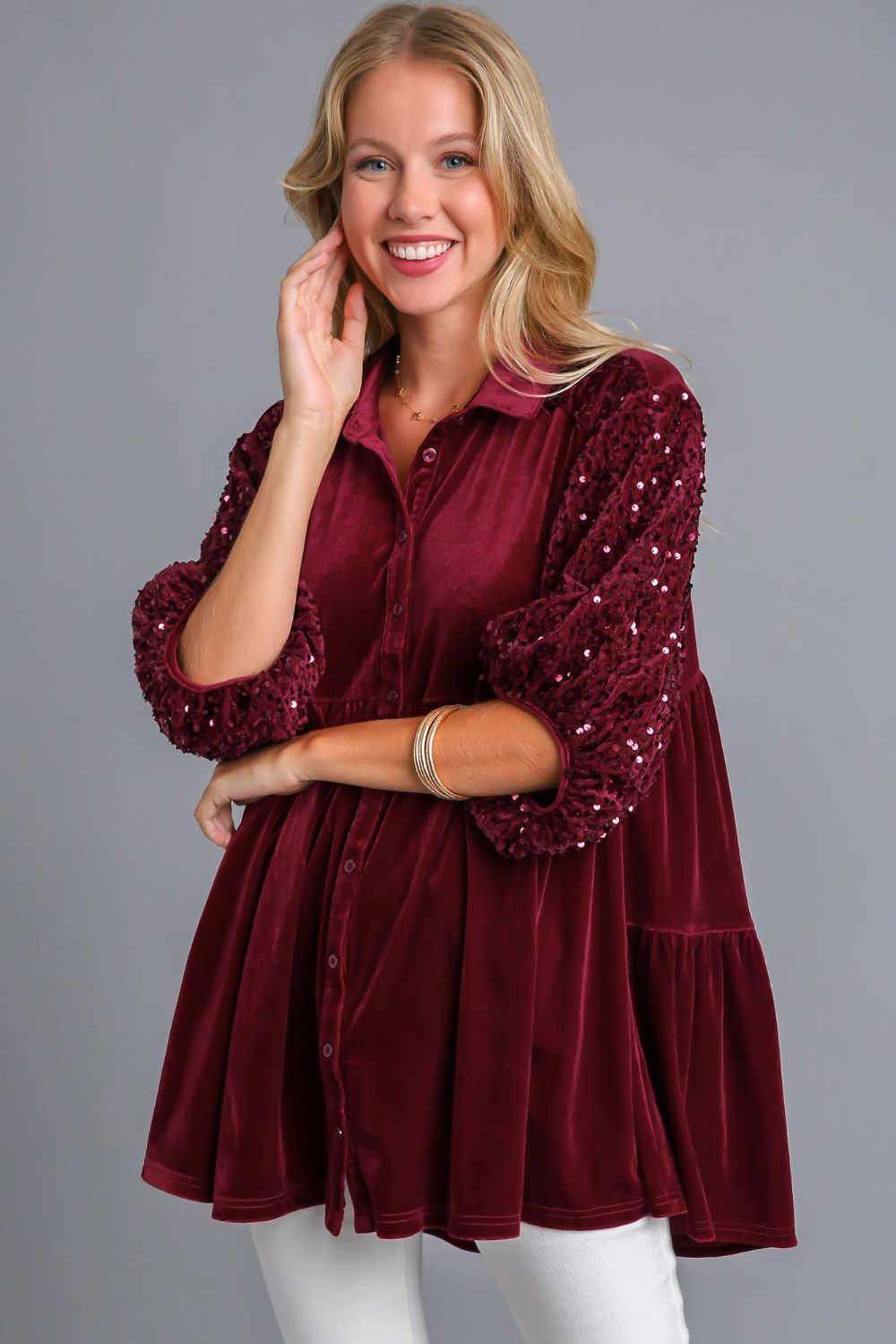 Umgee Sequin Velour Boho Oversized Tunic Top Babydoll Button-Up Shirt Velvet Blouse