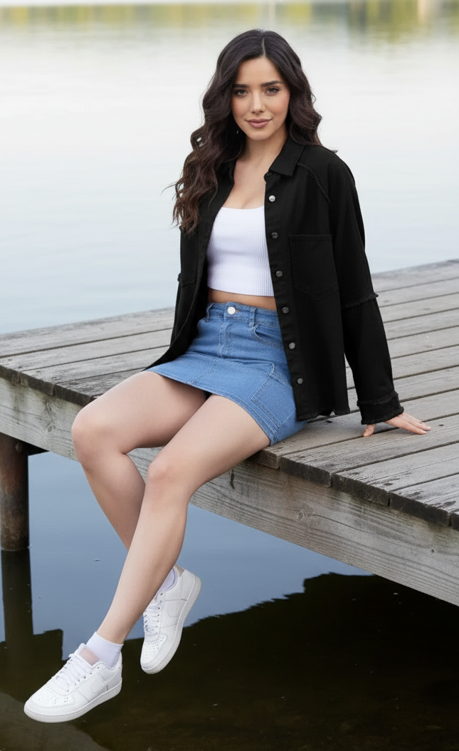 Lightweight Raw Hem Button-Up Shacket Oversized Boyfriend Exposed Seam Denim Jacket