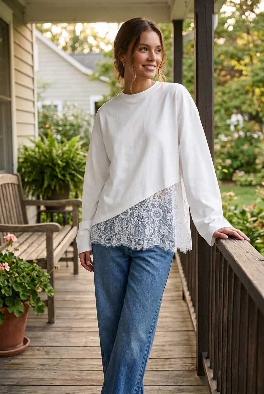 Asymmetrical Lace Scalloped Hem Boxy Blouse Wide Long Sleeve Oversized Top