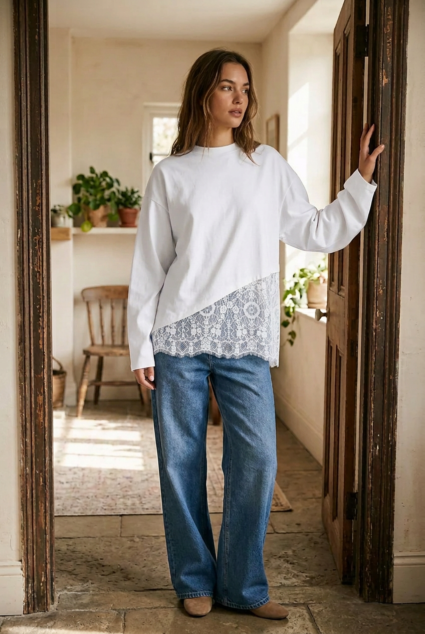 Asymmetrical Lace Scalloped Hem Boxy Blouse Wide Long Sleeve Oversized Top