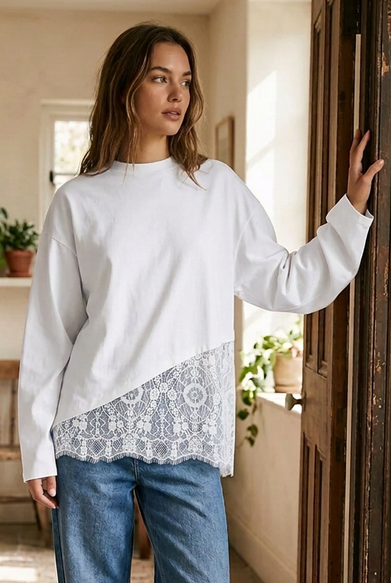 Asymmetrical Lace Scalloped Hem Boxy Blouse Wide Long Sleeve Oversized Top