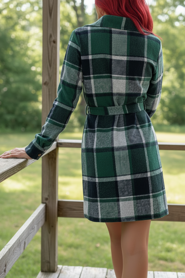 Plaid Tie Belted Button-Front Long Sleeve Mini Collared Shirt Dress Chest Pockets