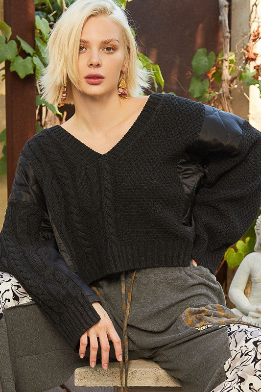 POL Quilted Waffle Cable Knit Patchwork High-low Top Long Sleeve Crop Sweater