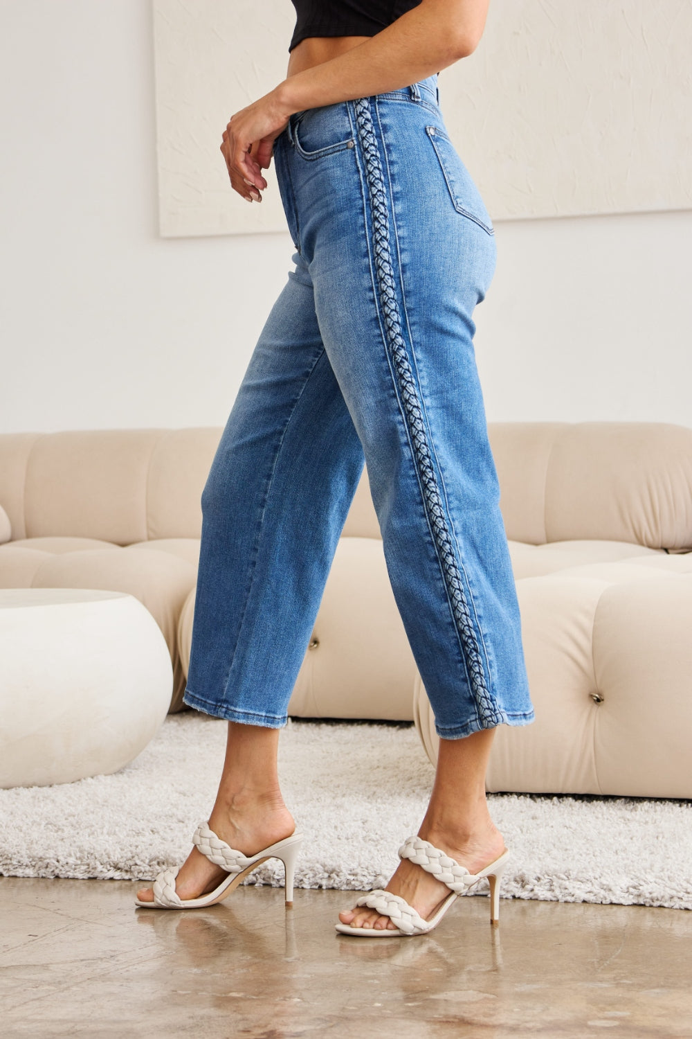 Braided High-Rise Wide Leg Cropped Hem Denim Jean Pants Judy Blue