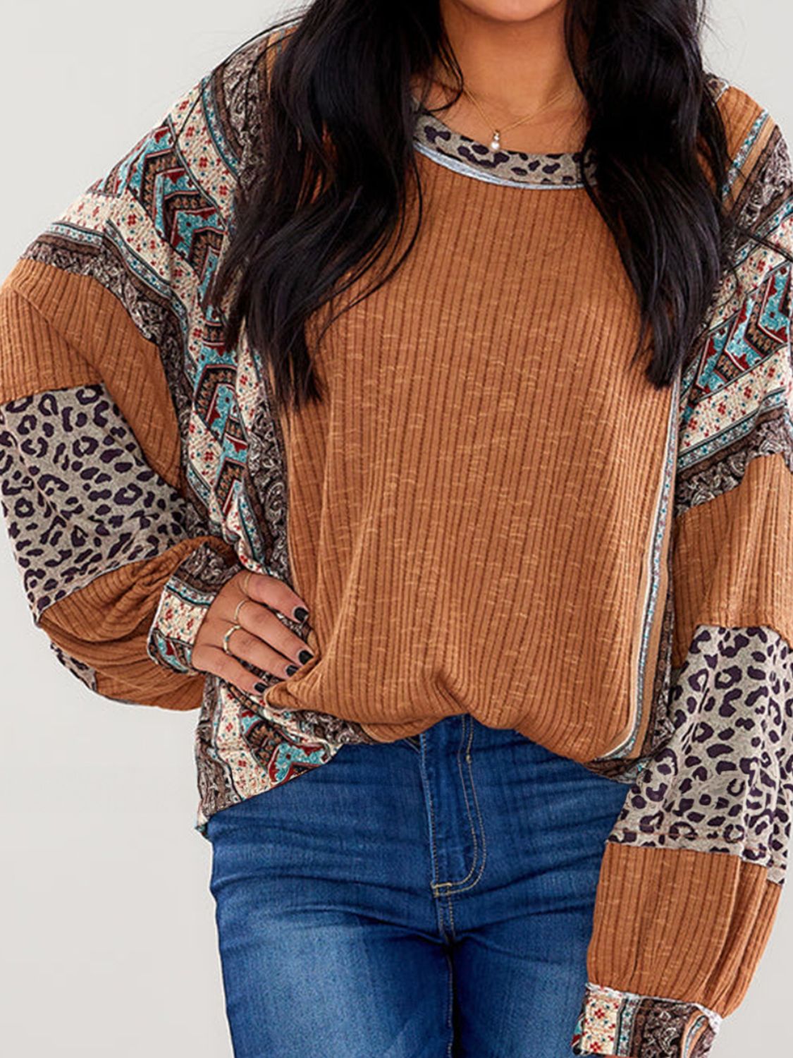 Leopard Patchwork Retro Floral Stripe Long Sleeve Blouse Top Hippie Boho Shirt