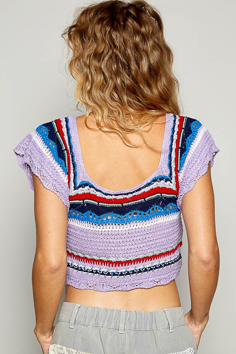 POL Crochet Openwork Bohemian Short Sleeve Crop Top Colorful Granny Knit Shirt Lavender