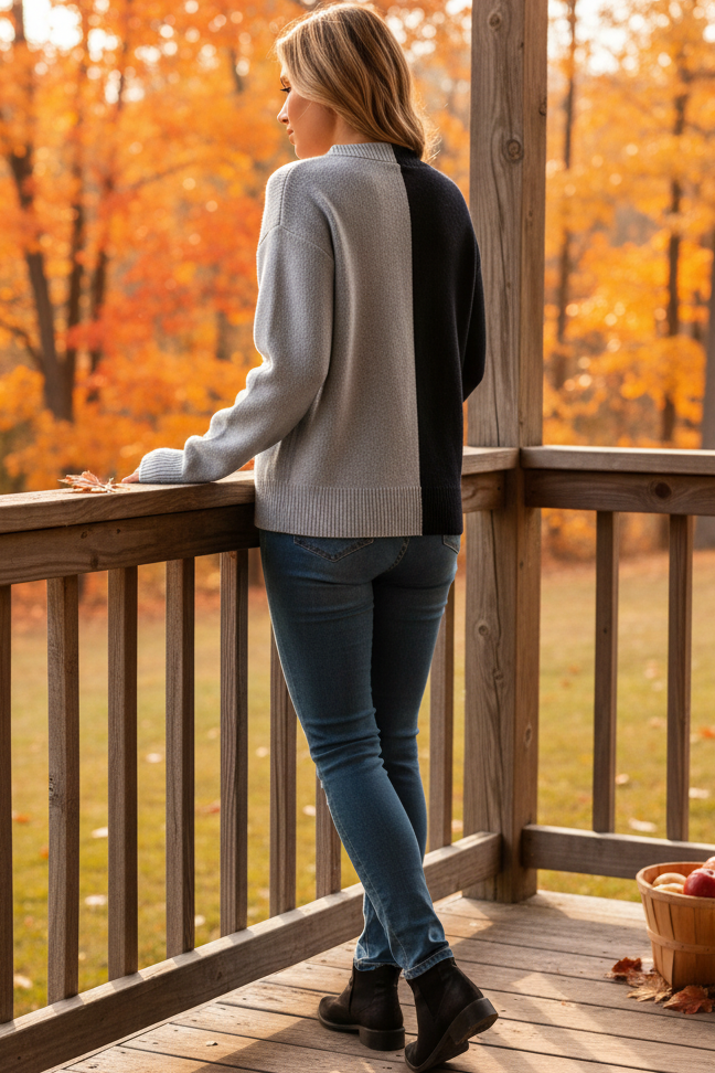 Halloween Knit Jack O’ Lantern Colorblock Relaxed Crew Neck Pullover Sweater