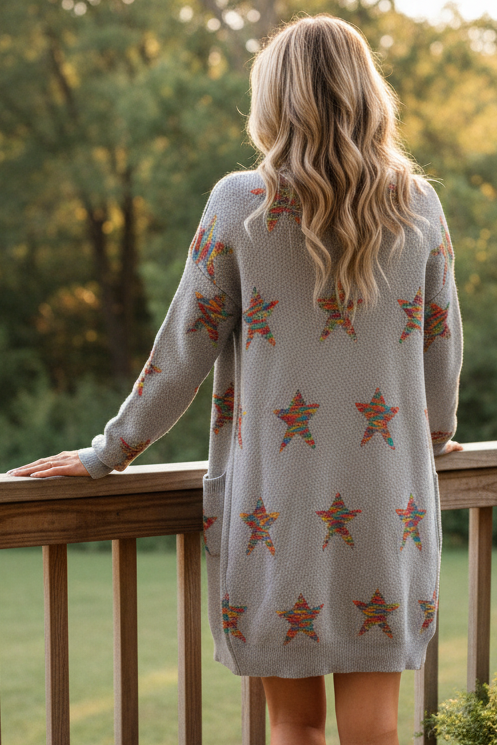 Colorful Star Intarsia Open Front Longline Knit Granny Knit Patch Pocket Cardigan