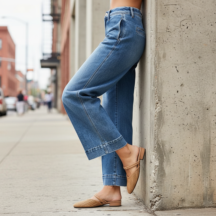 Risen High Rise Boyfriend Slouchy Fit Crop Ankle Baggy Wide Leg Jeans Denim Pants