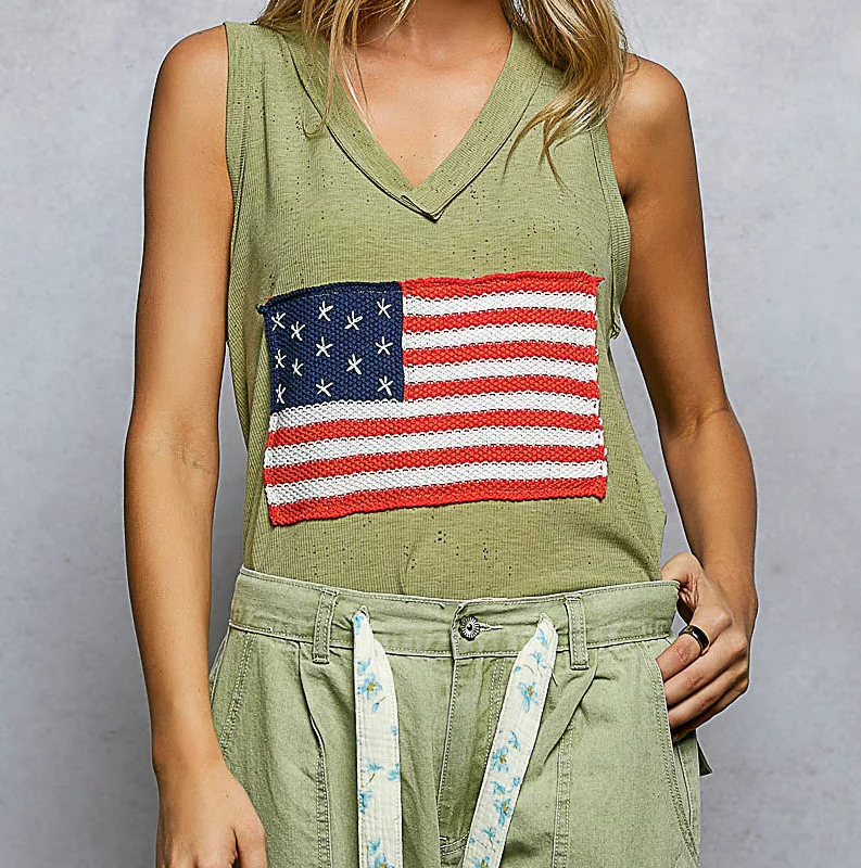 POL Crochet American Flag Patchwork Ribbed Tank Top V-Neck Sleeveless Shirt Green