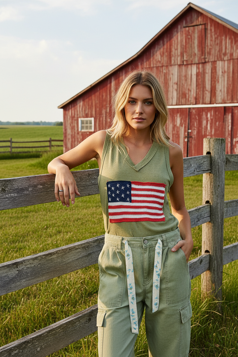 POL Crochet American Flag Patchwork Ribbed Tank Top V-Neck Sleeveless Shirt Green
