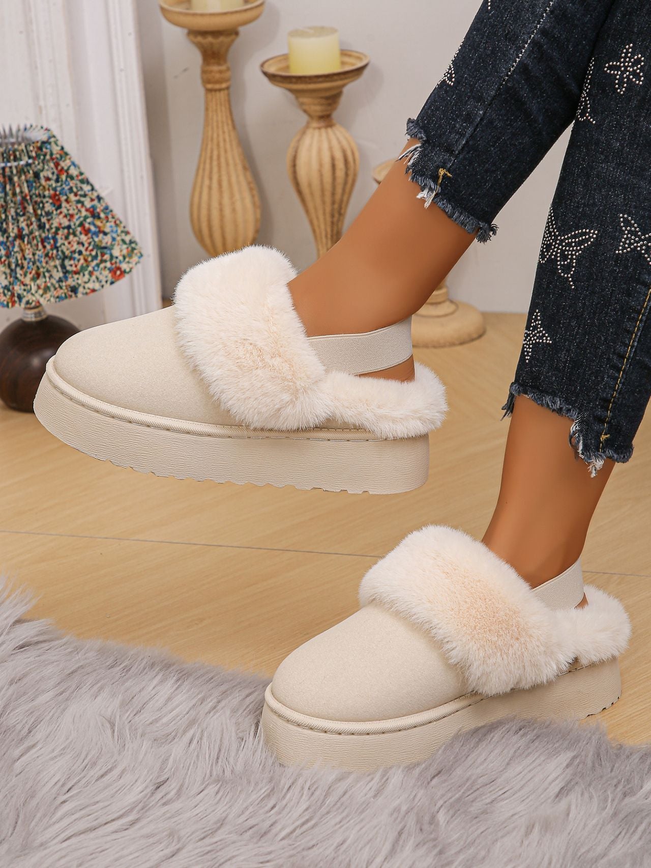 Platform Slippers Funkette Plush Faux Fur Slip-on Vegan Suede Ankle Strap Shoes