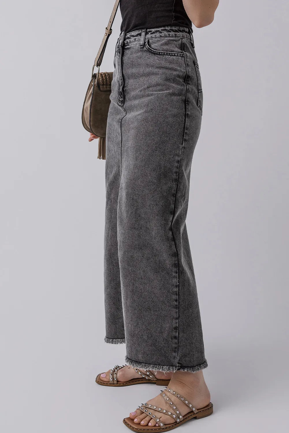 High-Rise Midi Retro 90s Acid Wash Black Denim Back Slit Frayed Raw Hem Jean Skirt