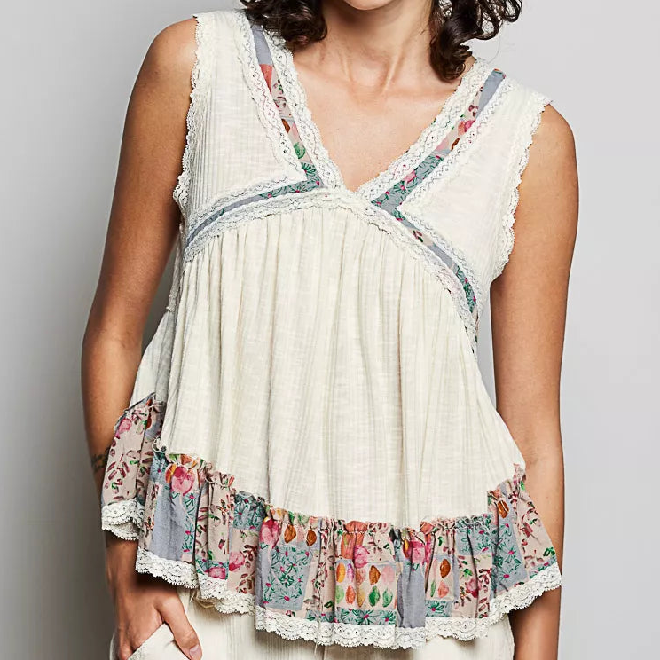 POL Lace Trim Ribbed Sleeveless Tank Top Floral Patchwork Ruffle Babydoll Shirt Natural Cream