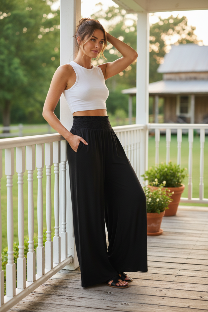 Zenana Smocked Waist Slit Side Pockets Ultra Wide Leg Palazzo Pants Baggy
