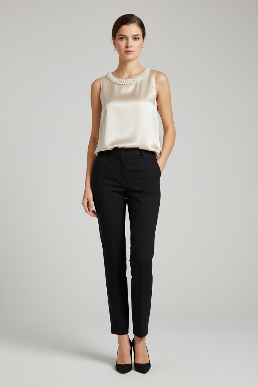 Faux Pearl Embellished Satin Sleeveless Blouse Round Neck Classy Statement Top