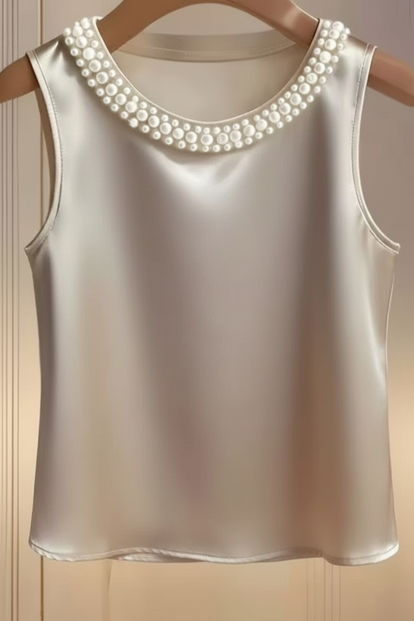 Faux Pearl Embellished Satin Sleeveless Blouse Round Neck Classy Statement Top