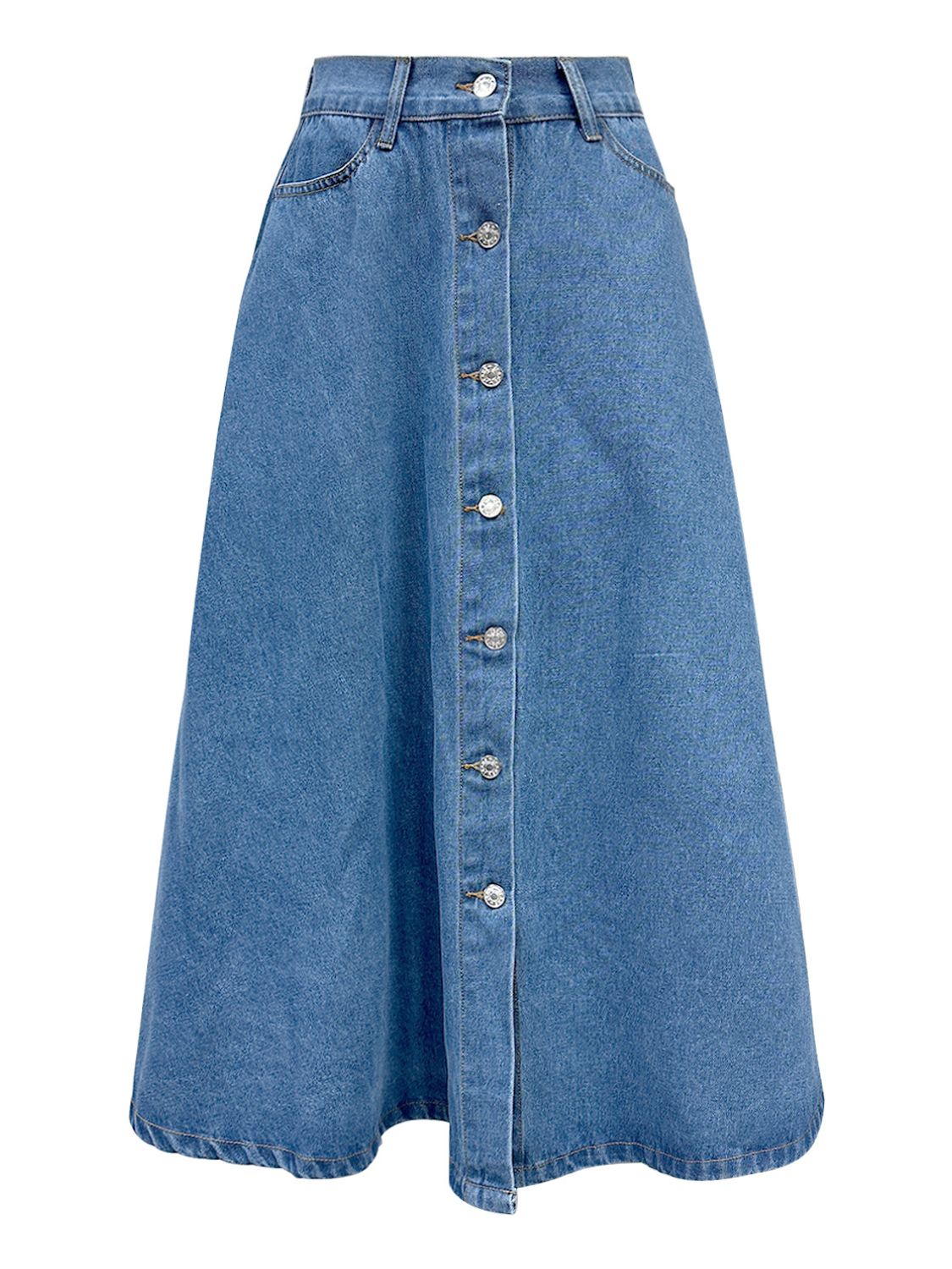 Retro High-Rise Midi Button Front Flare A-line Poque Blue Jean Circle Denim Skirt Pockets