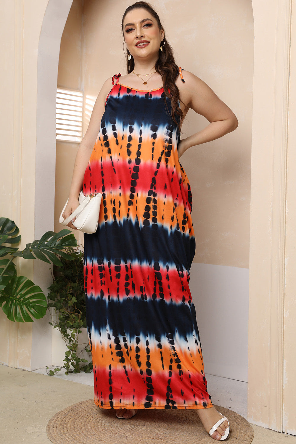 Retro Tie-Dye Sleeveless Adjustable Tie Spaghetti Strap Maxi Dress