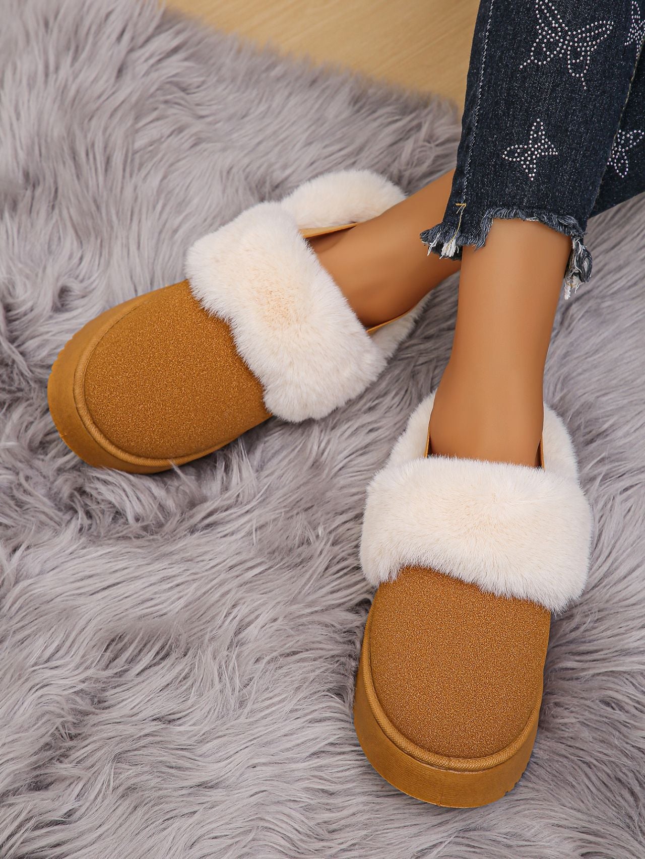 Platform Slippers Funkette Plush Faux Fur Slip-on Vegan Suede Ankle Strap Shoes